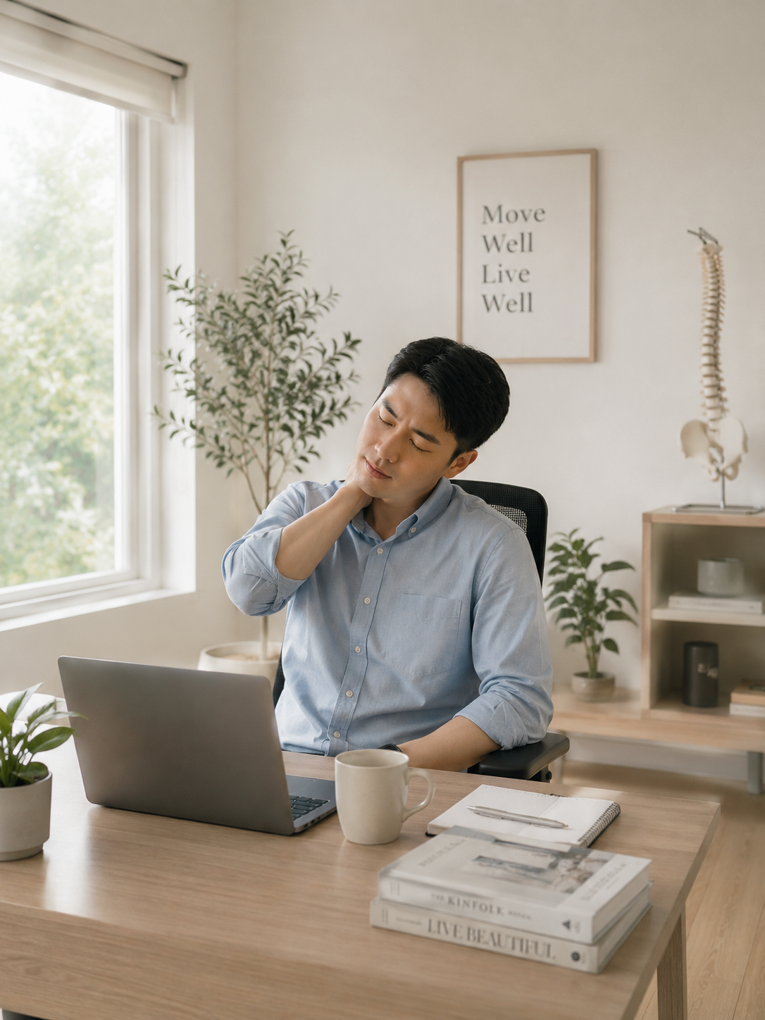 An Asian working professional in a modern minimalist home workspace or office, gently stretching neck or shoulders after desk work with slight stiffness but calm expression.